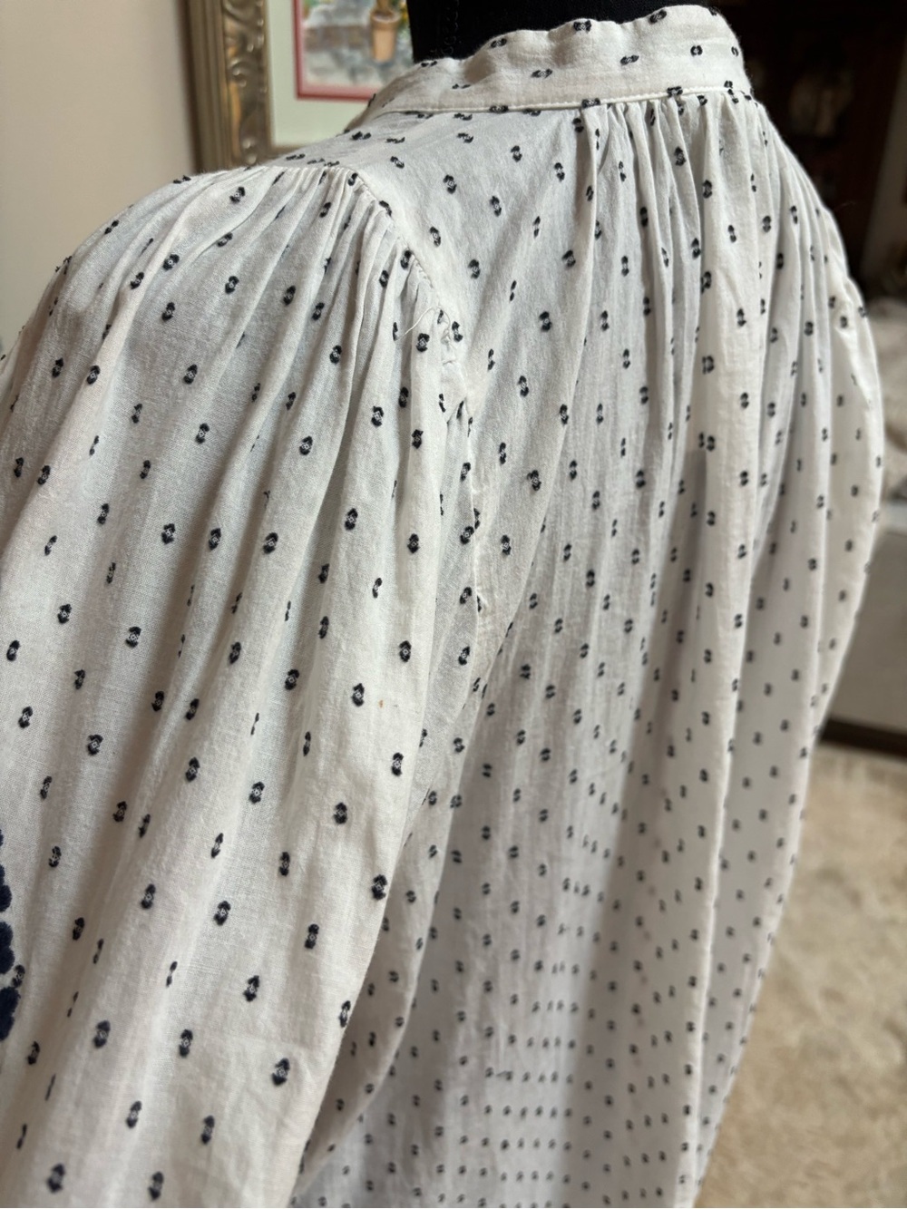 H&M LOGG Peasant Blouse Oversized Floral Lace Embroidered Sleeves White & Navy - Picture 6 of 10